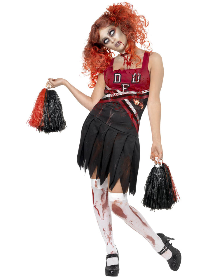 High School Horror Cheerleader Adult Costume Red Zombie Dress and Pom Poms