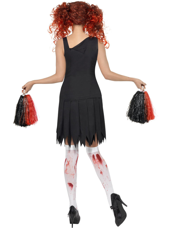 High School Horror Cheerleader Adult Costume Red Zombie Dress and Pom Poms