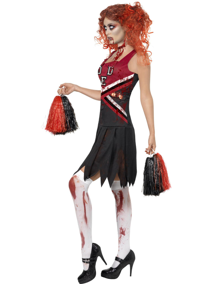 High School Horror Cheerleader Adult Costume Red Zombie Dress and Pom Poms
