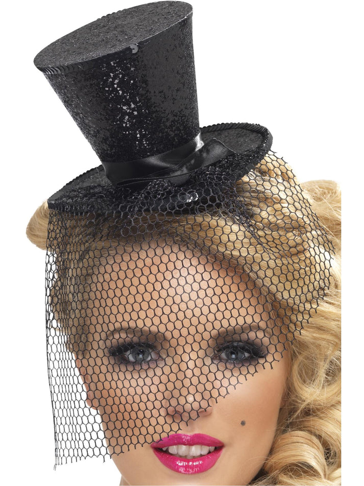 Black Glitter Mini Top Hat with Veil 20s Burlesque