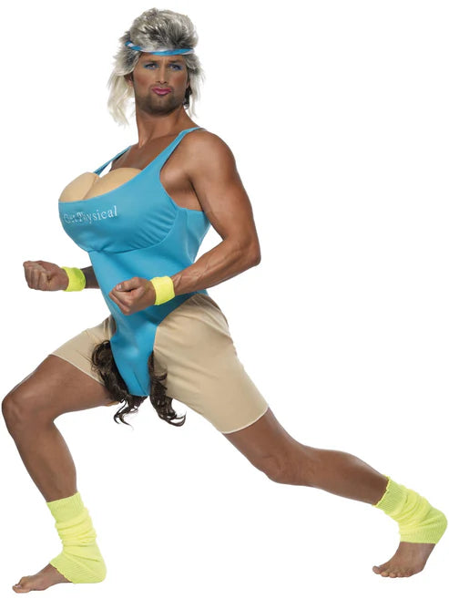 Lets Get Physical Work Out Costume Adult Blue Bodysuit Headband