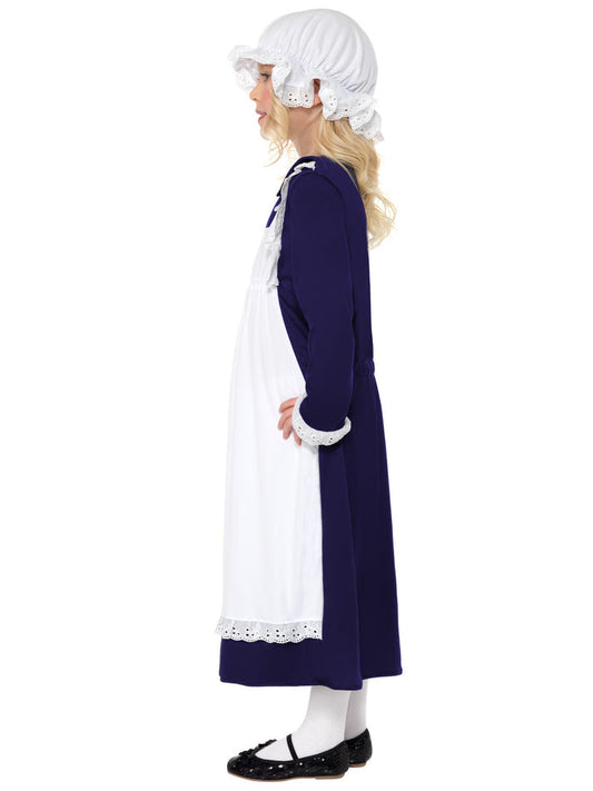 Victorian Poor Girl Costume Blue Dress with White Apron and Mop Cap 2