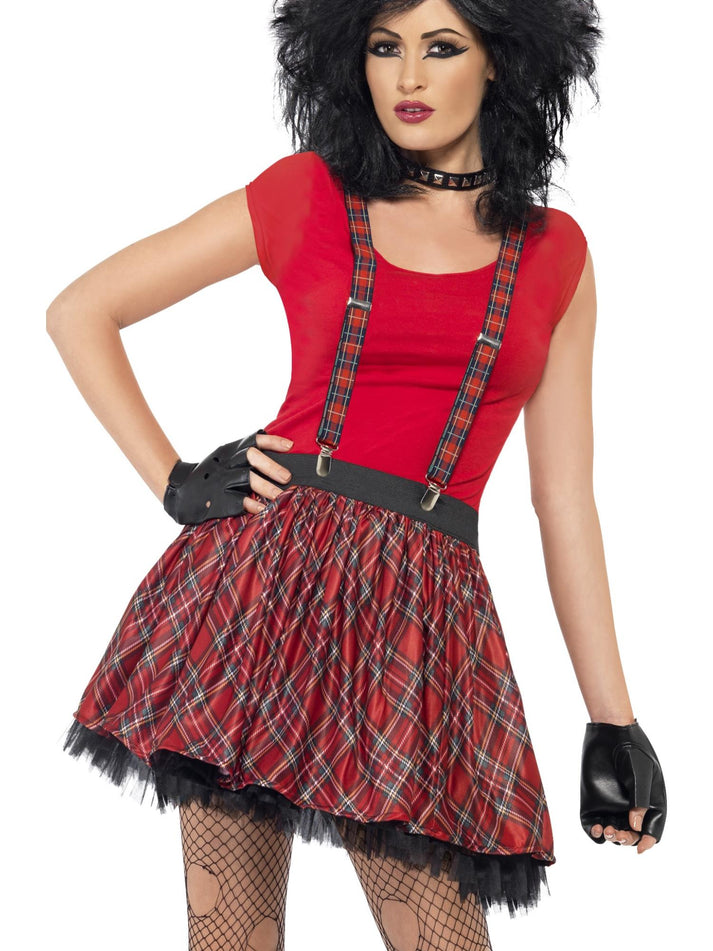Punk Kit Adult Red Tartan with Tutu Braces and Fingerless Gloves