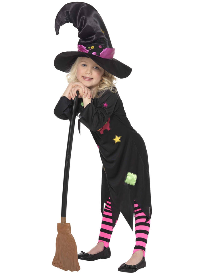 Cinder Witch Costume Kids Black Pink Dress Hat and Striped Tights
