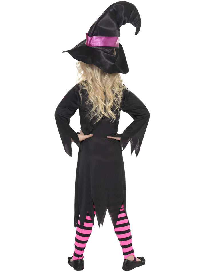 Cinder Witch Costume Kids Black Pink Dress Hat and Striped Tights