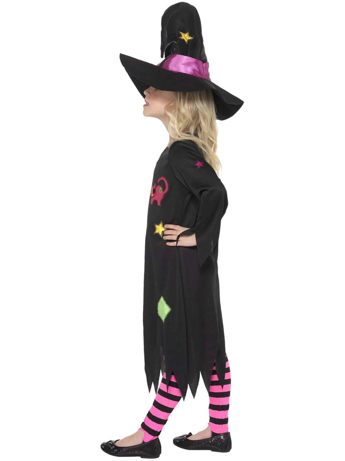 Cinder Witch Costume Kids Black Pink Dress Hat and Striped Tights