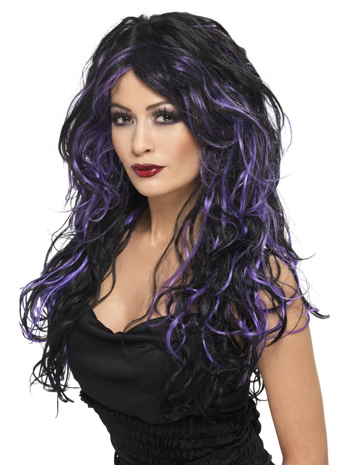 Gothic Bride Wig Adult Long Streaked Purple and Black Dark Halloween Costume Accessory