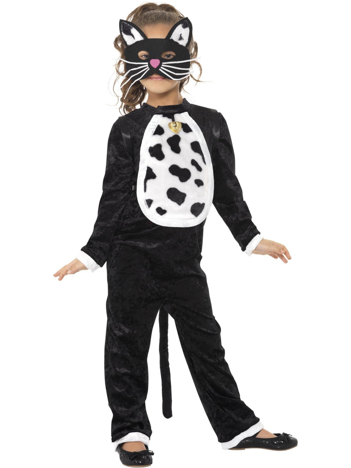 Cat Costume Kids Black White Bodysuit Bell and Mask