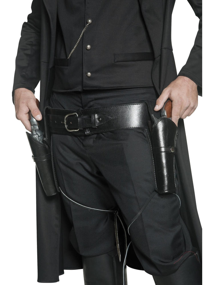 Authentic Western Cowboy Belt Two Holsters Black Leather Look with Leg Ties 100cm-112cm Adjustable