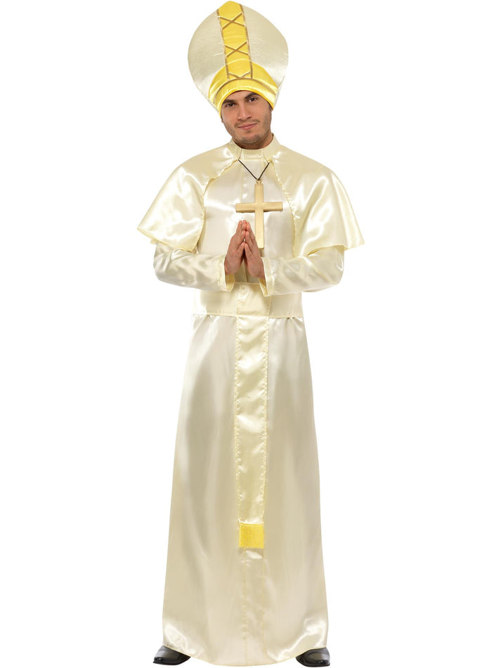 Pope Costume Adult Cream Robe Sash Hat Necklace Cape