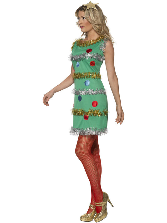 Christmas Tree Costume Ladies Green Festive Dress and Gold Star Headband 2