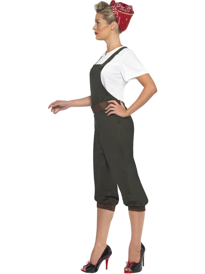 WW2 Land Girl Costume Adult Olive Dungarees White Top Red Scarf