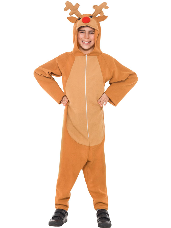 Kids Reindeer Costume Brown Hooded Jumpsuit with Antlers and Red Nose