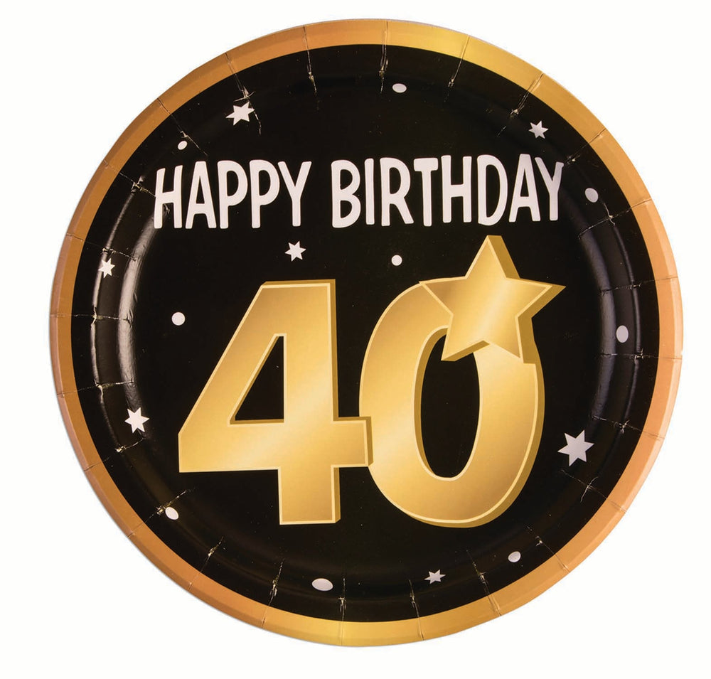 Size Chart 40th Birthday Paper Plates 9" 8 In Packet Black Gold