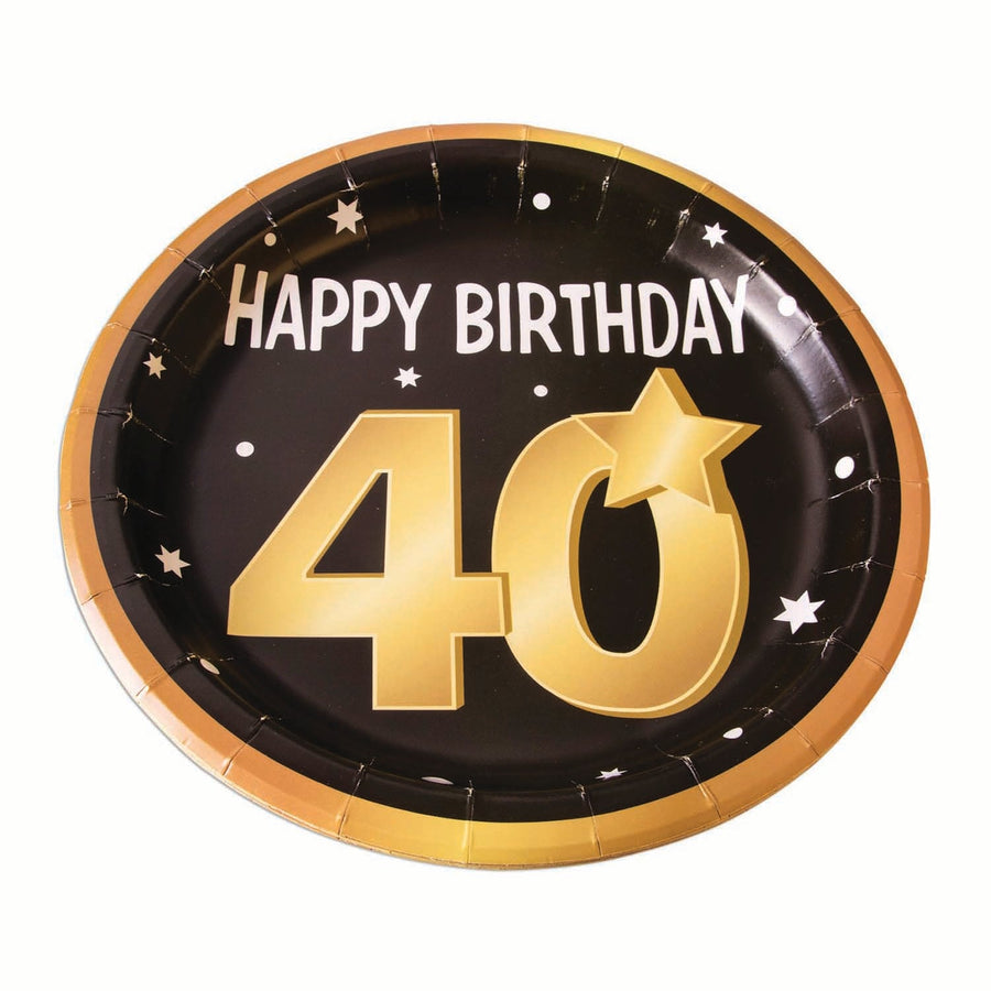 40th Birthday Paper Plates 9" 8 In Packet Black Gold_1