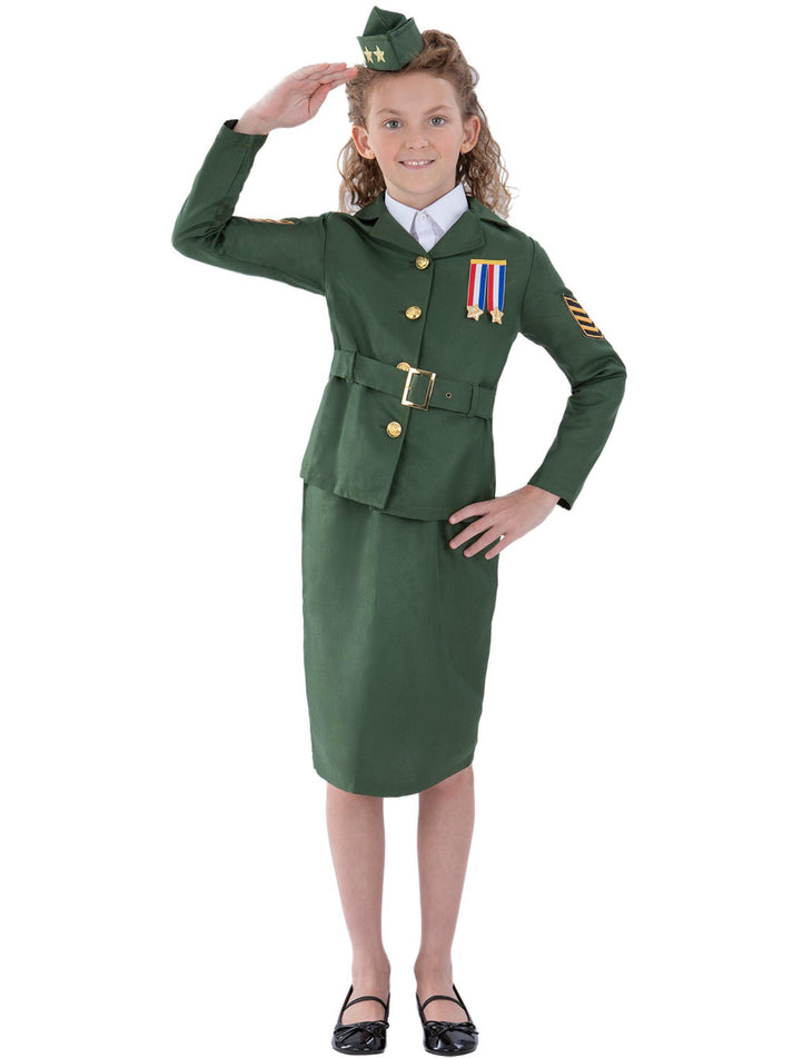 WW2 Army Girl Costume Kids Khaki Green Jacket Skirt Hat