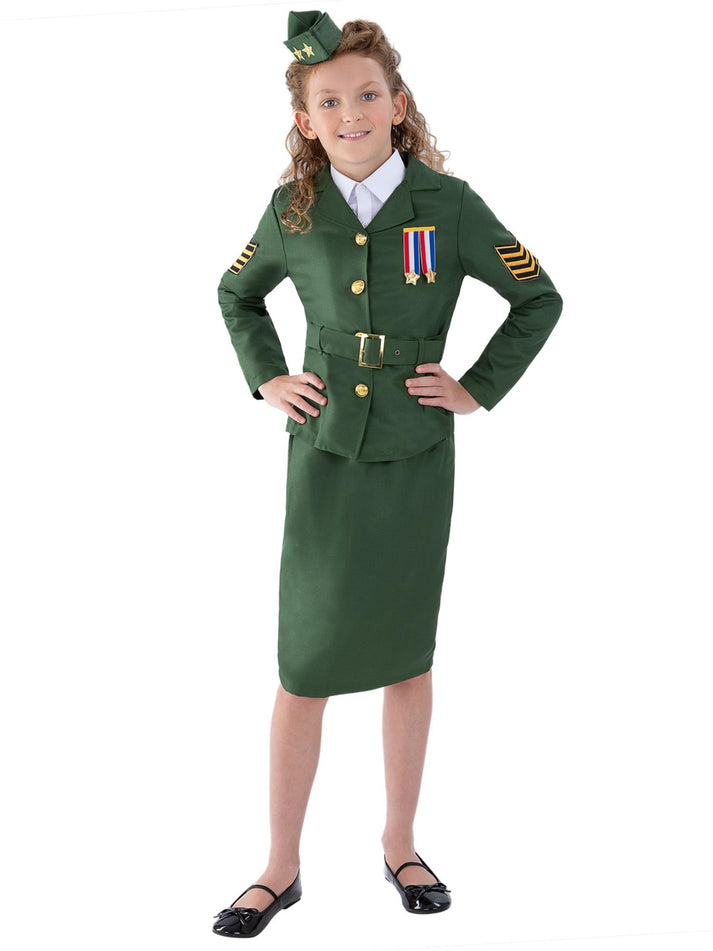 WW2 Army Girl Costume Kids Khaki Green Jacket Skirt Hat