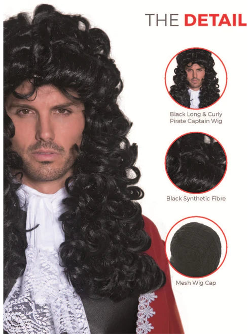 Pirate Captain Wig Adult Black Long Curly Captain Hook Costume Hair