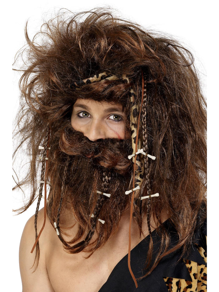 Crazy Caveman Set Adult Brown Wig Beard Headband Bones and Braids Instant Costume