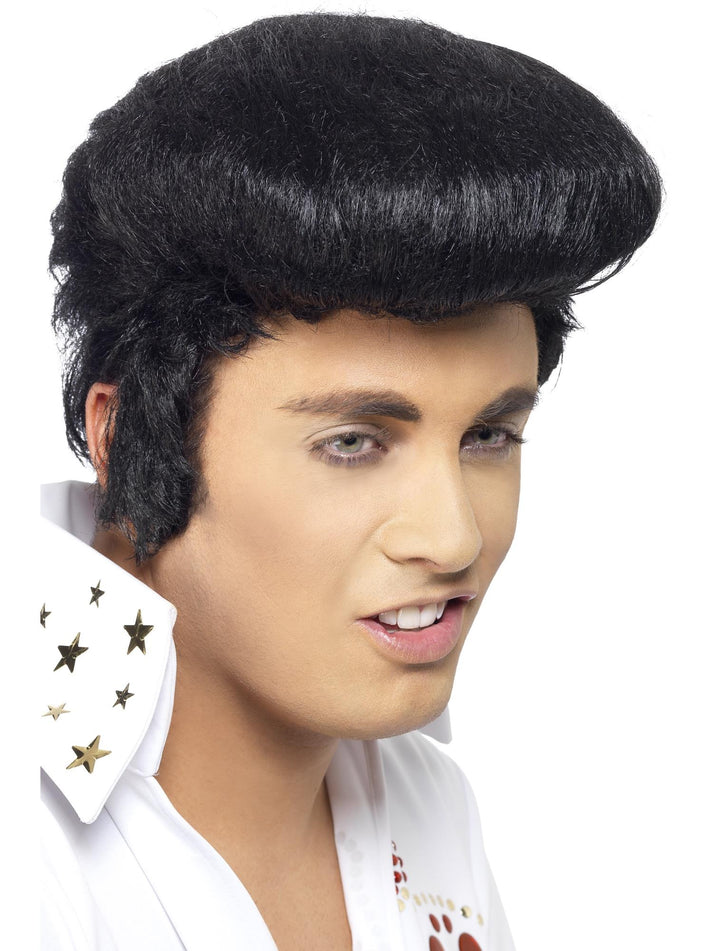 Elvis Deluxe Adult Black Wig with High Quiff and Sideburns