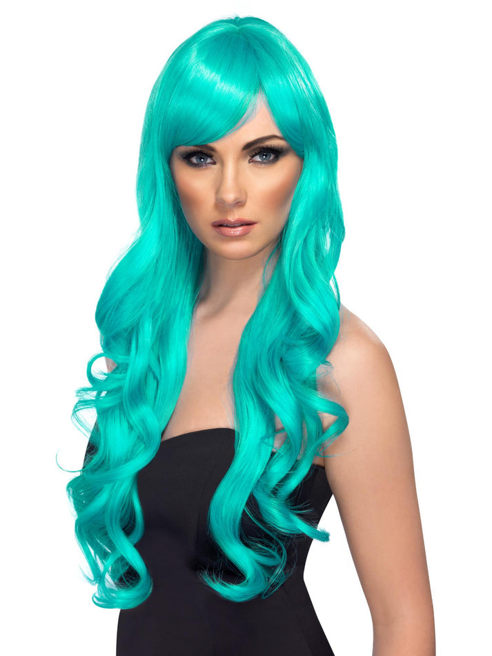 Desire Wig Adult Aqua Long Curly with Fringe Mermaid Costume Accessory