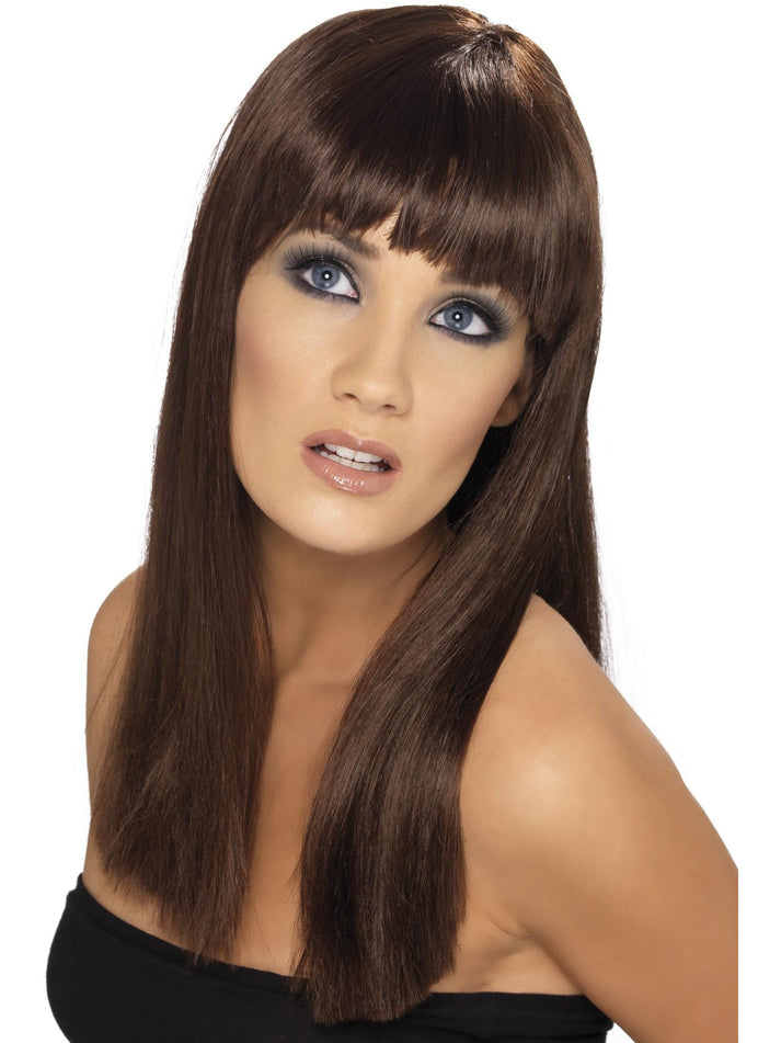 Glamourama Wig Brown Long Straight with Fringe Costume Hair