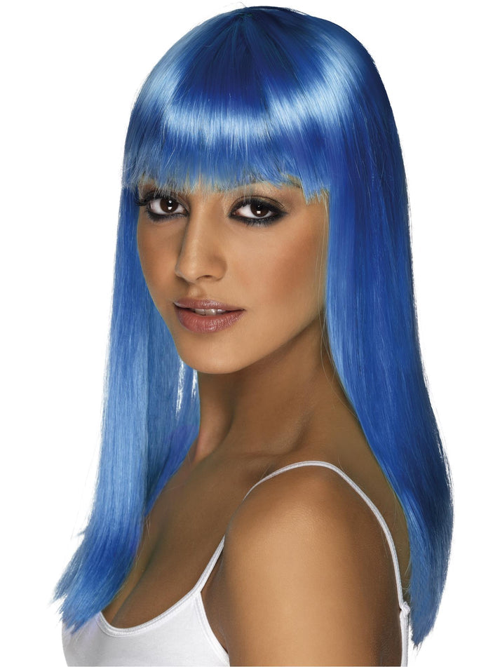 Glamourama Wig Neon Blue Long Straight with Fringe Costume Accessory
