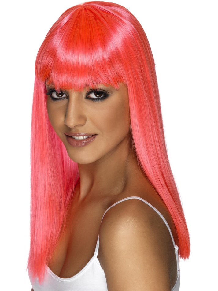 Glamourama Wig Adult Neon Pink Long Straight with Fringe Fantasy Costume Accessory