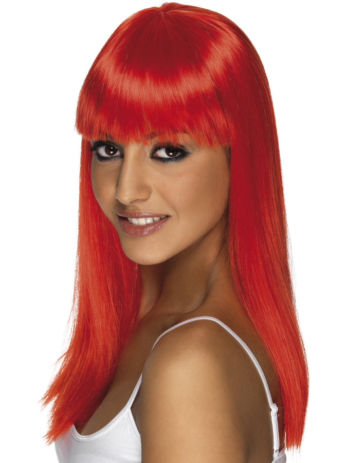 Neon Red Long Straight Wig with Fringe Glamourama Style