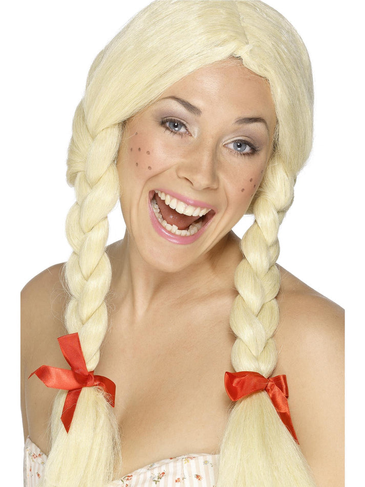 Schoolgirl Dutch Wig Blonde Plaits with Red Ribbons