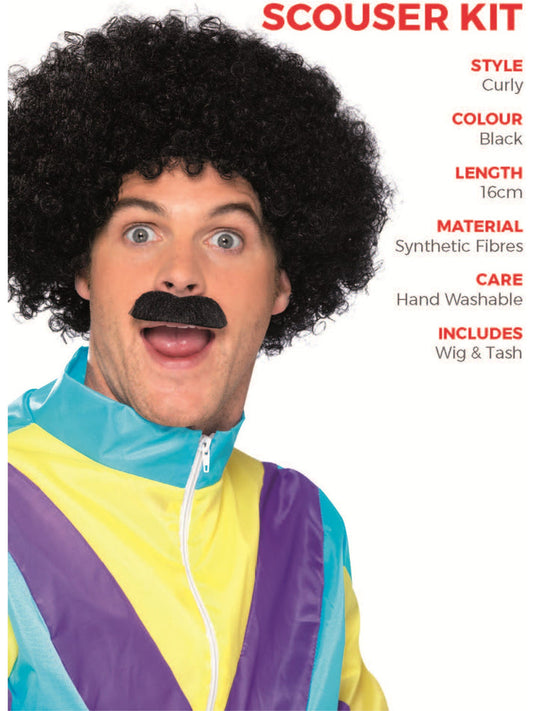 Scouser Set Black Curly Wig and Tash Adult 80s Instant Costume 2