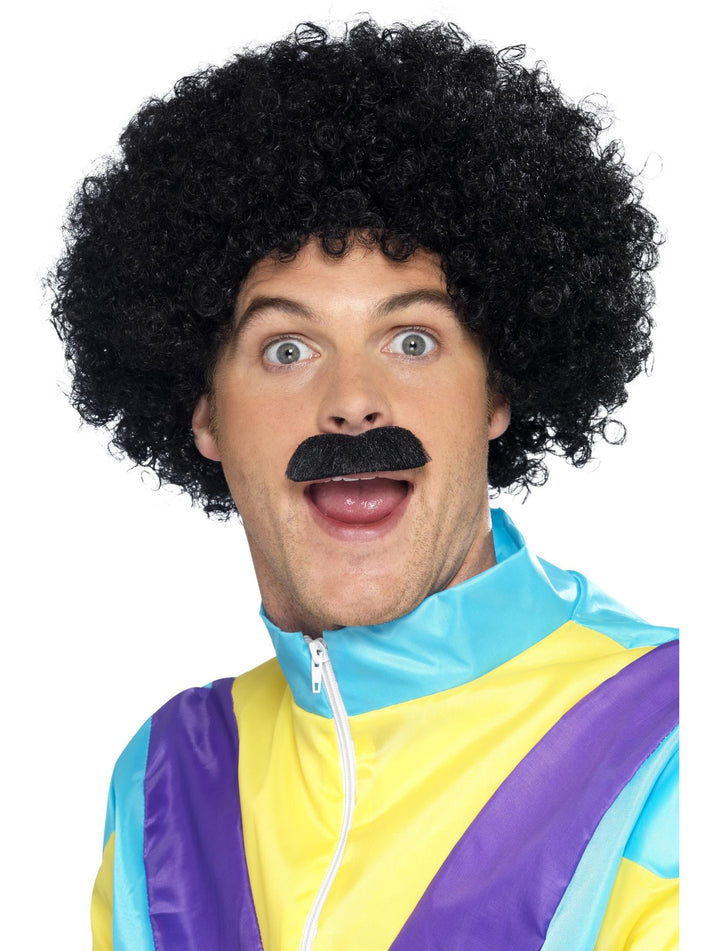 Scouser Set Black Curly Wig and Tash Adult 80s Instant Costume