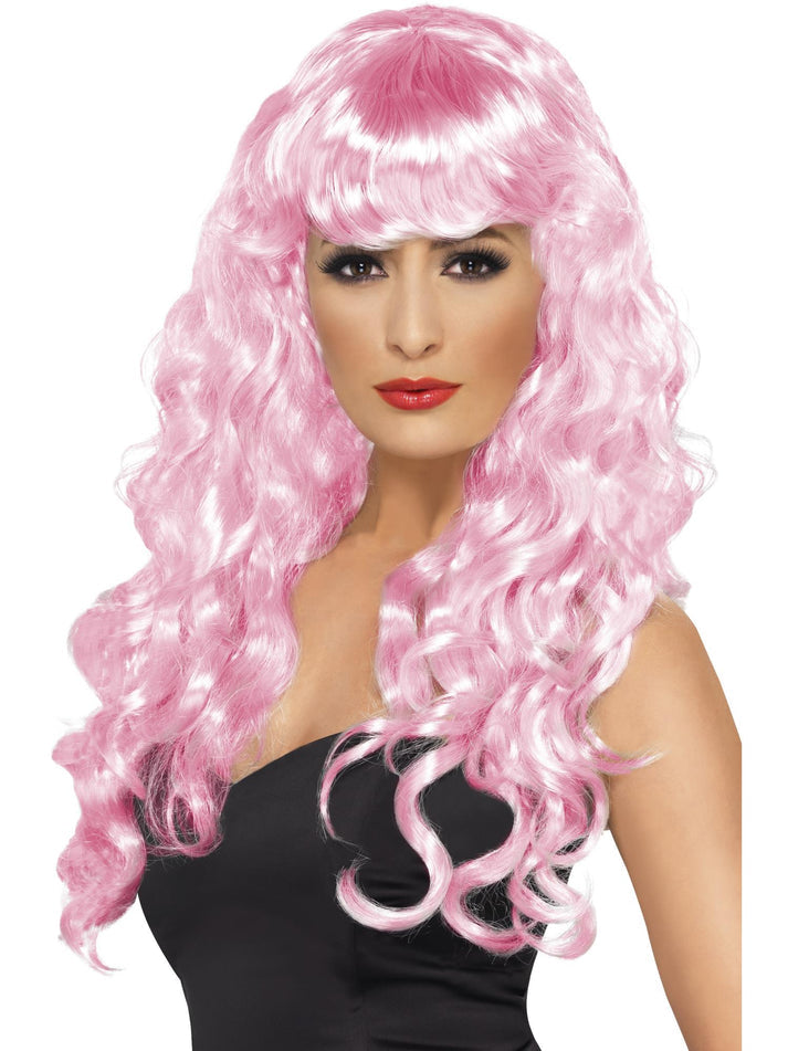 Siren Wig Adult Pink Long Curly with Fringe Music Video Costume Accessory