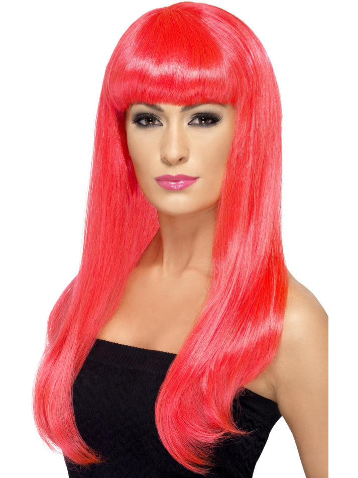 Babelicious Wig Adult Neon Pink Long Straight with Fringe Costume Accessory