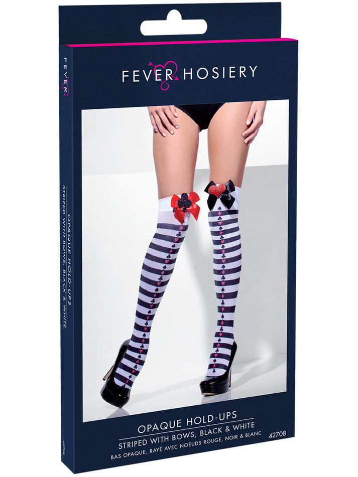 Opaque Hold Ups Black White Striped with Bows Adult