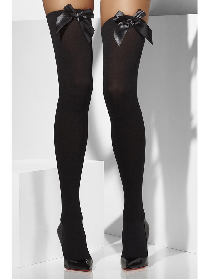 Opaque Hold Ups Adult Black with Black Bows