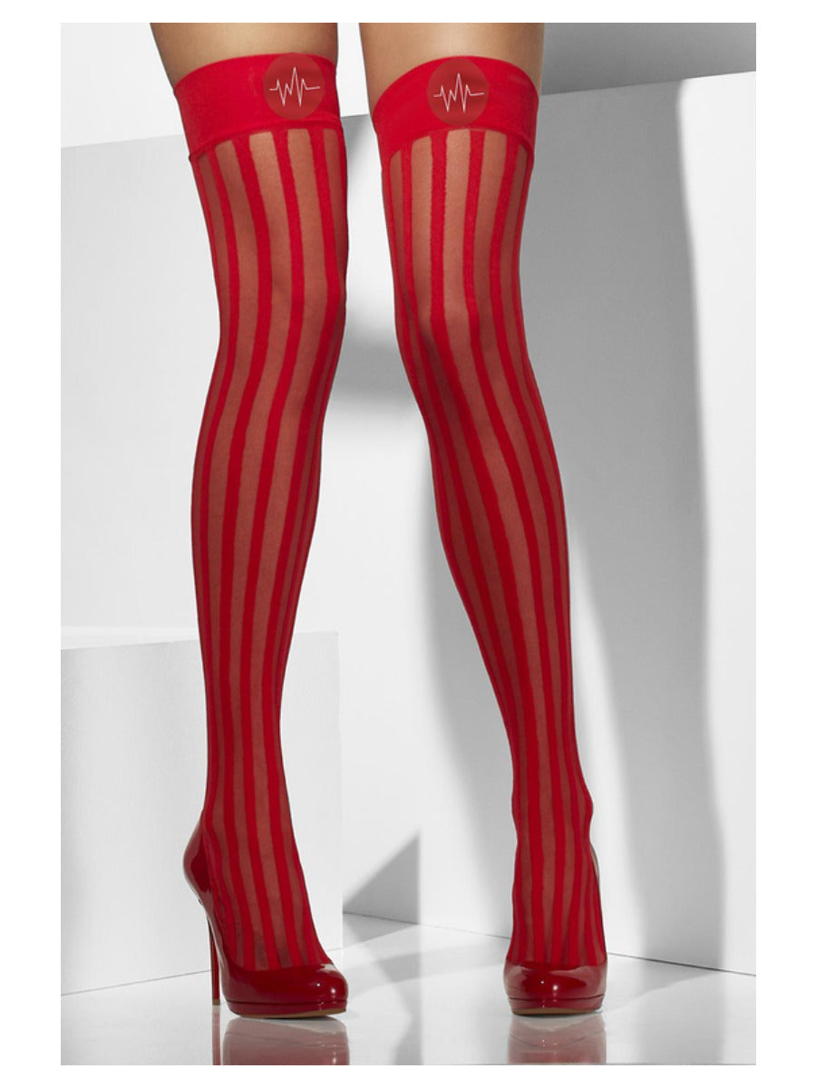 Sheer Hold Ups Adult Red with Vertical Stripes