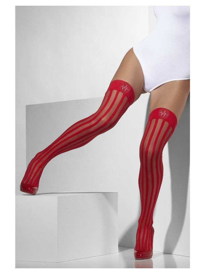 Sheer Hold Ups Adult Red with Vertical Stripes