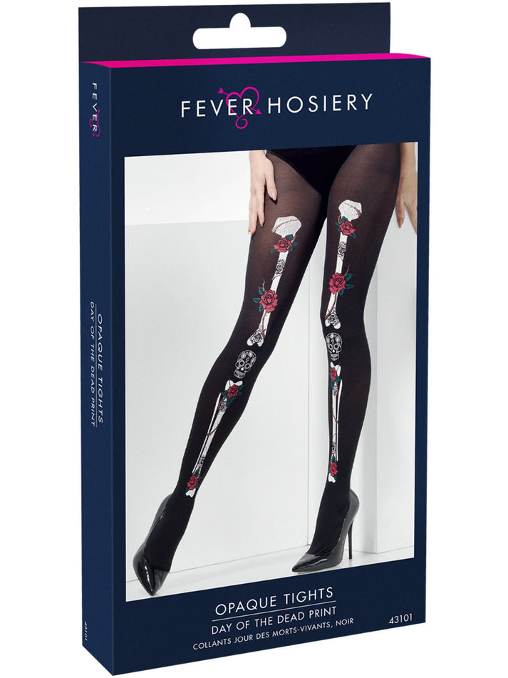 Opaque Day Of The Dead Tights Black With Traditional Day Of The Dead Skull Design 2