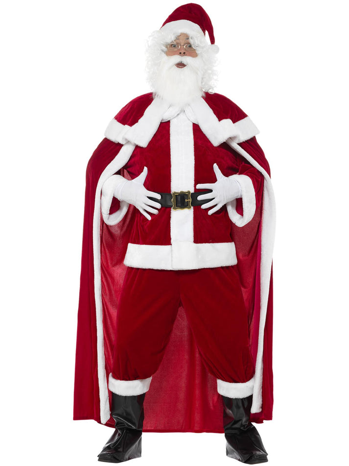 Deluxe Santa Claus Costume Red Trousers Jacket Cape Hat Boot Covers Beard Belt Gloves