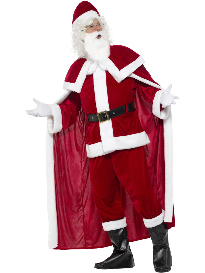 Deluxe Santa Claus Costume Red Trousers Jacket Cape Hat Boot Covers Beard Belt Gloves