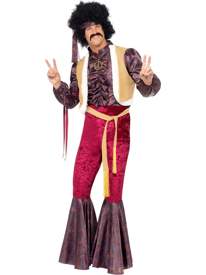 70s Psychedelic Rocker Costume Adult Purple Top Attached Waistcoat Flares and Headpiece