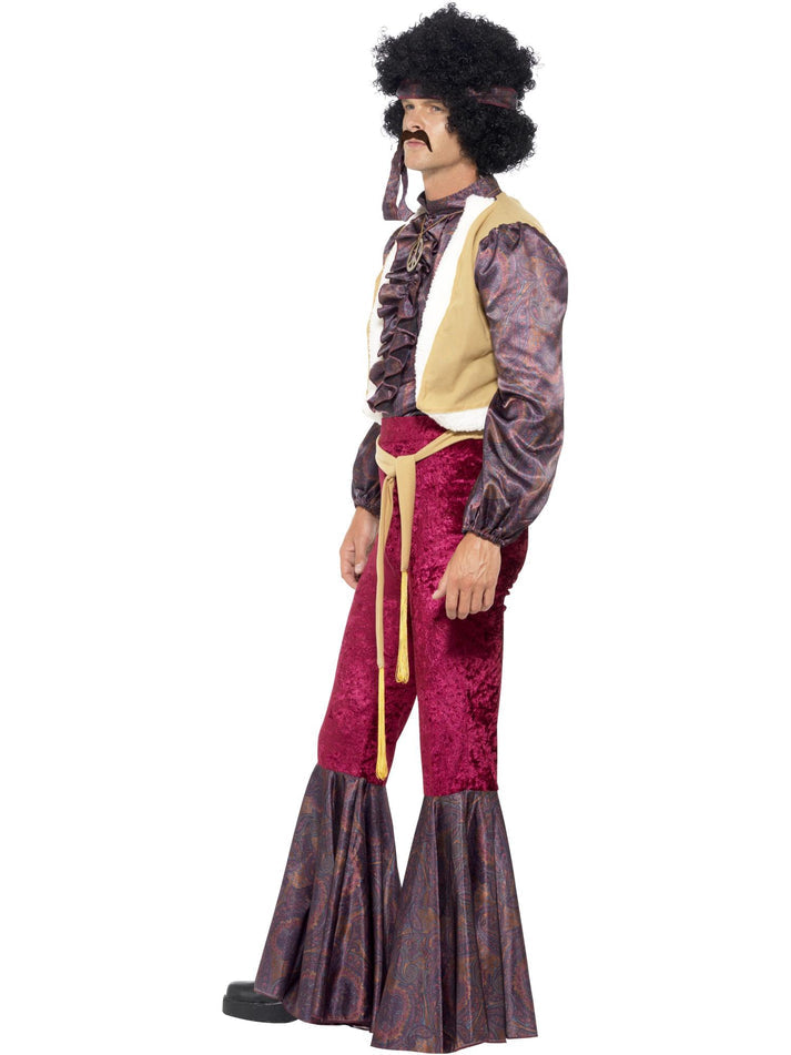 70s Psychedelic Rocker Costume Adult Purple Top Attached Waistcoat Flares and Headpiece