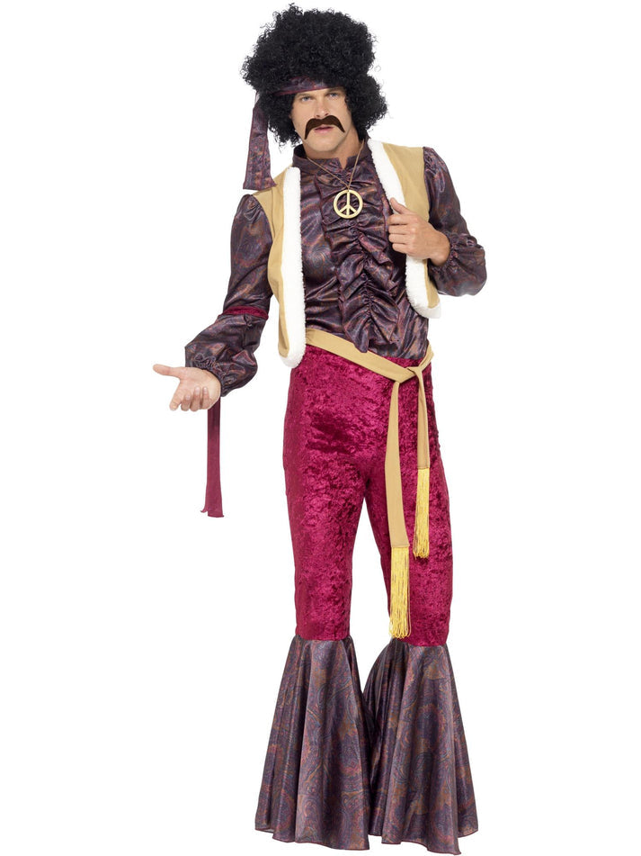 70s Psychedelic Rocker Costume Adult Purple Top Attached Waistcoat Flares and Headpiece