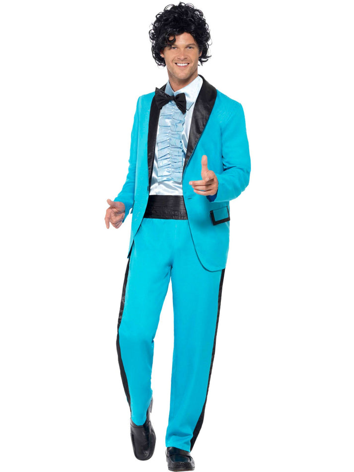 80s Prom King Tuxedo Costume Adult Blue Suit Jacket Mock Shirt and Trousers