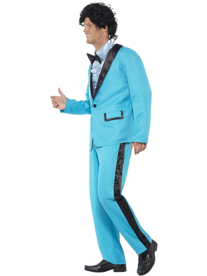 80s Prom King Tuxedo Costume Adult Blue Suit Jacket Mock Shirt and Trousers