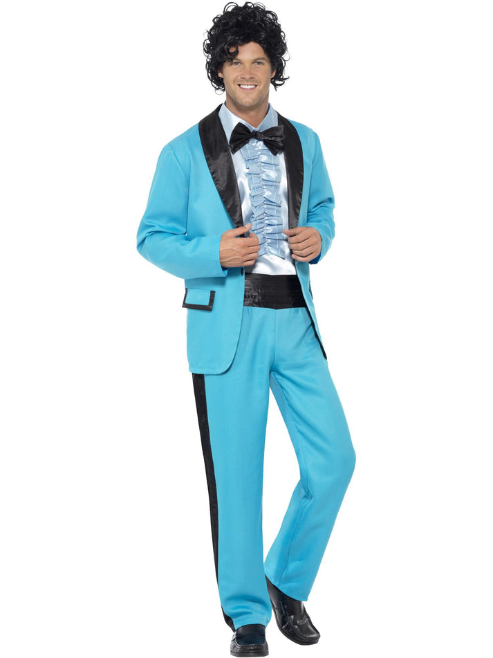 80s Prom King Tuxedo Costume Adult Blue Suit Jacket Mock Shirt and Trousers