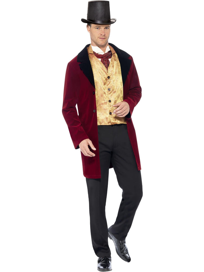 Edwardian Gent Red Jacket Mock Waistcoat Cravat Deluxe Adult Costume