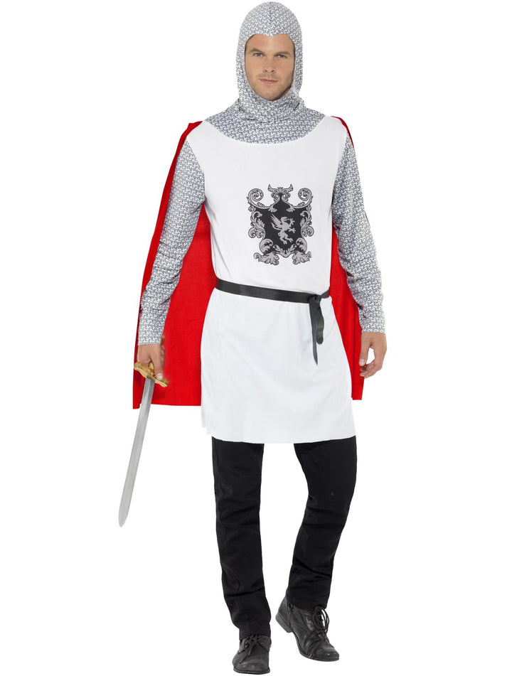 Knight Costume Adult White Top Attached Cape Belt Hood Outfit