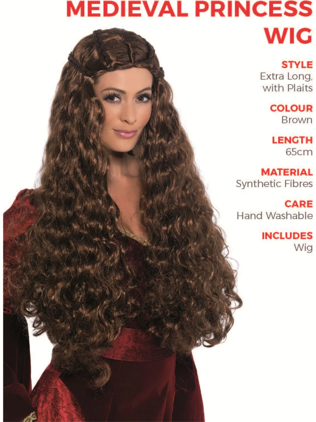 Medieval Princess Wig Brown Extra Long with Plaits Adult Costume Hair